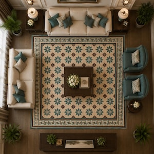 Geometric Hand Tufted Rug | Teal Star Pattern Wool Area Carpet | Greek Key Border Handmade Rug | Classic Modern Carpet 3x9 , 6x9 , 5x7