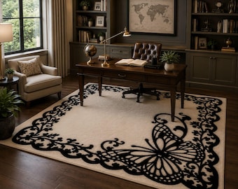 Tappeto a farfalla trapuntato a mano - Bordo floreale avorio e nero - Tappeto di design - Disponibile in misure personalizzate