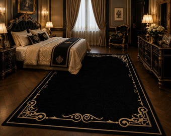 Tappeto in lana trapuntato a mano con bordo nero e oro | Tappeto moderno classico fatto a mano | Tappeto di dimensioni personalizzate 3x9, 6x9, 5x7