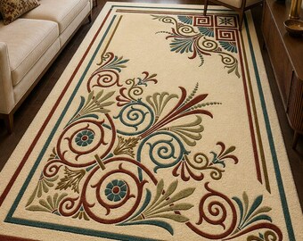 Hand Tufted Rug, Ivory Botanical Wool Traditional Corner Design Carpet, 3x9 , 6x9 , 5x7