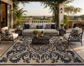 Tappeto Medallion trapuntato a mano, tappeto in lana neozelandese fatto a mano, tappeto ornamentale in stile persiano avorio e blu navy di design