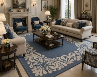 Tappeto trapuntato a mano con bordo blu, tappeto artigianale in lana neozelandese, tappeto classico di design con motivo a volute color avorio, elegante tappeto per soggiorno.