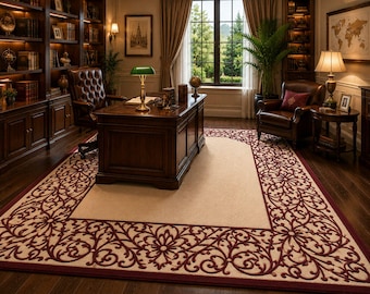 Tappeto in lana trapuntato a mano – Bordo floreale avorio e bordeaux – Tappeto classico di design realizzato a mano – Disponibile in misure personalizzate