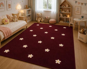 Hand Tufted Daisy Flower Rug, Burgundy  Minimalist Floral Carpet, Modern Handmade Rug, Cute Botanical