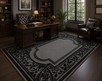 Tappeto indiano trapuntato a mano | Tappeto in lana nero e grigio | Tappeto di design con bordo classico | Tappeto in lana neozelandese su misura
