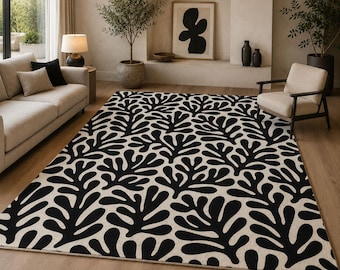 Black and White Botanical Hand Tufted Rug, Modern Floral Wool Abstract Leaf Pattern Carpet 5x8