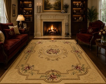 Tappeto di lusso in lana trapuntato a mano | Tappeto francese Aubusson con motivo floreale | Tappeto beige con rose fatto a mano | Classico tappeto vittoriano di design 3x9, 6x9, 5x7