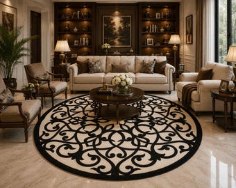 Tappeto rotondo in lana trapuntato a mano, con motivo floreale a medaglione nero e bianco sporco, dimensioni personalizzate 6x6 (200 cm x 200 cm).