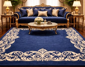 Tappeto blu crema trapuntato a mano | Tappeto di lusso in lana | Tappeto con bordo floreale | Tappeto fatto a mano | Tappeto per soggiorno | Tappeto per camera da letto | Tappeto su misura
