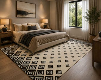 Tappeto trapuntato a mano con motivo a rombi neri e avorio, moderno tappeto geometrico in stile scandinavo e marocchino