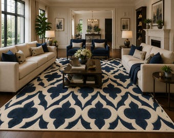 Black and Ivory Moroccan Hand Tufted Rug, Trellis Wool Area Rug, Geometric Lattice Carpet 6x9