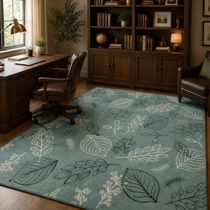 Botanical Hand Tufted Rug | New Zealand Wool & Silk Art Carpet | Sage Green Leaf Pattern Modern Nature Inspired Designer Rug