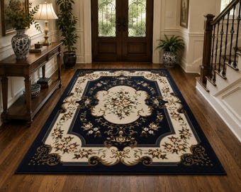 Tappeto Aubusson blu navy | Tappeto floreale in lana fatto a mano | Tappeto in stile francese trapuntato a mano 9x12