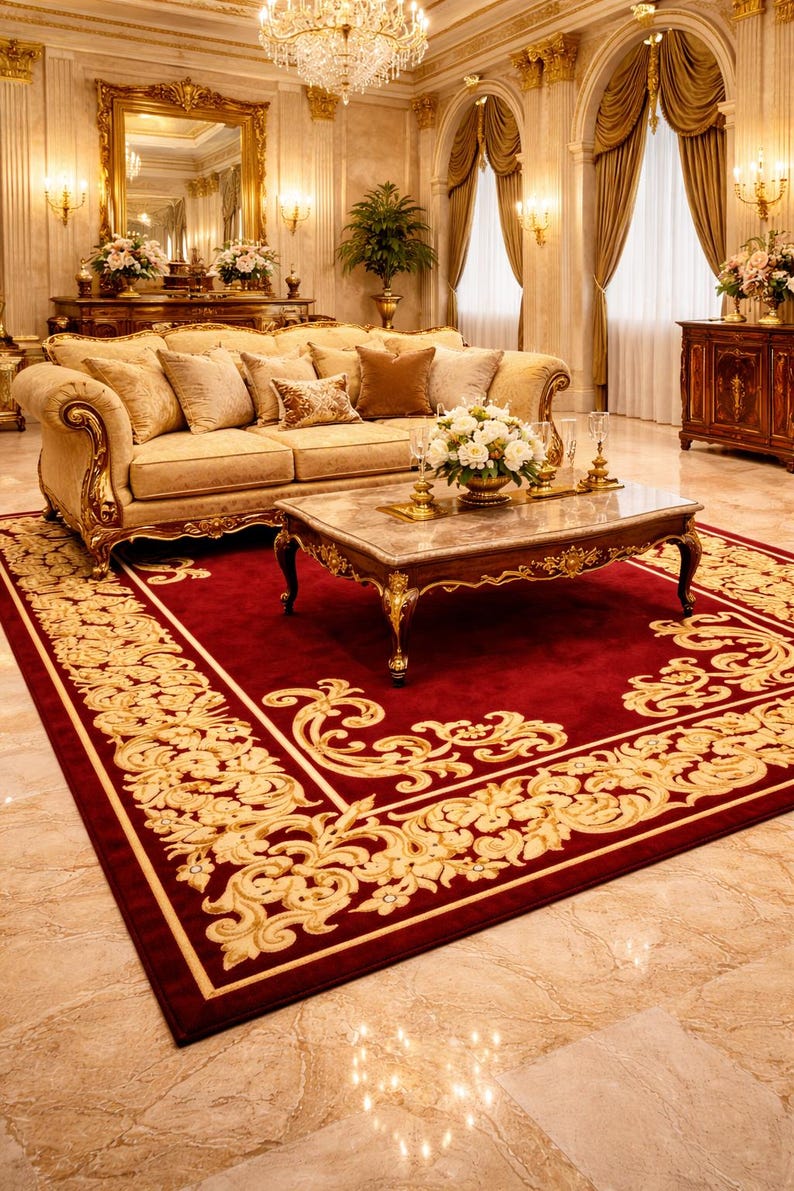 Luxury Hand Tufted Royal Red & Gold Rug | Classic Floral Border Rug ...