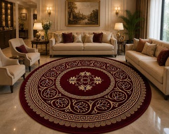 Burgundy Hand Tufted Rug, Floral Medallion Wool Area Rug, Traditional Circle Carpet 7x7