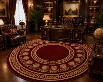 Tappeto in lana annodato a mano | Tappeto con bordo greco rosso reale e oro | Zona in stile classico palazzo | Lana personalizzata