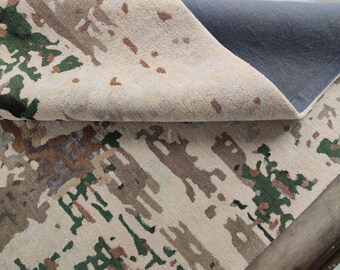 Tappeto moderno astratto trapuntato a mano | Tappeto di lusso in misto lana e viscosa | Tappeto indiano di design fatto a mano | Tappeto contemporaneo personalizzato verde beige