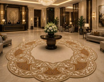 Tappeto trapuntato a mano con bordo smerlato, tappeto artigianale in lana neozelandese, tappeto con bordo ornamentale beige e oro.