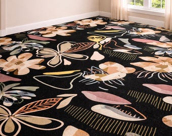 Tappeto nero con motivo floreale, trapuntato a mano – 100% lana neozelandese | Design botanico astratto, dimensioni da parete a parete
