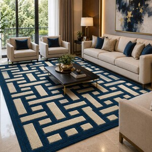 Modern Geometric Hand Tufted Wool Rug, Navy Blue & Ivory Pattern Carpet Made in India