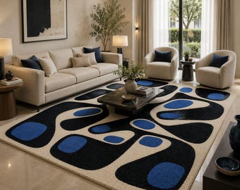 Abstract Blue and Black Hand Tufted Rug, Modern Geometri Contemporary Artistic Carpet 9x6