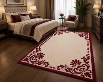 Tappeto in lana trapuntato a mano - Avorio crema e bordo floreale rosso intenso - Tappeto classico di design in lana - Dimensioni personalizzate