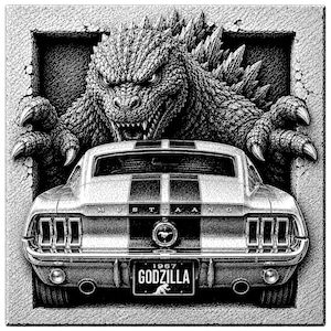 May include: Monochrome illustration featuring Godzilla emerging from a wall behind a 1967 Mustang. The car has black stripes and a license plate that reads "GODZILLA".