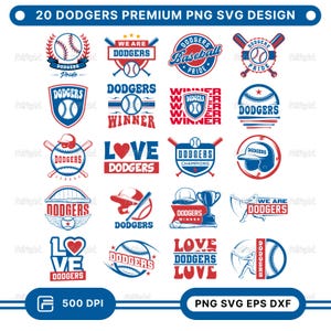 May include: A collection of 20 Dodgers-themed designs in red, white, and blue. The designs include baseballs, bats, team logos, and text such as "Dodgers", "Pride", "Winner", and "Love". The image also includes the text "20 Dodgers Premium PNG SVG Design".