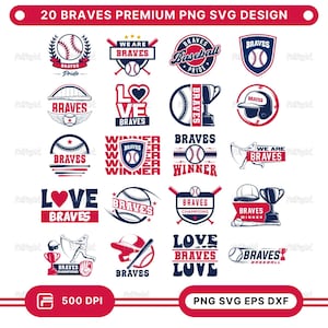 Puede incluir: Una colección de 20 diseños temáticos de los Braves en formatos PNG, SVG, EPS y DXF. Los diseños presentan pelotas de béisbol, logotipos de equipos y elementos de texto como "Braves", "Pride" y "Champions". La combinación de colores incluye rojo, blanco y azul marino.
