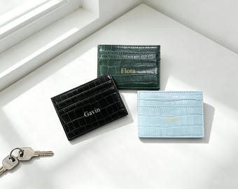 Krokodilleder-Kartenhalter | Personalisierte schlanke Brieftasche | Foliengeprägter Kreditkartenhalter, minimalistische Brieftasche für Männer