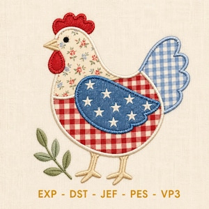 Patriotic Patchwork Hen Embroidery File, Farmhouse Chicken Machine Stitch Pattern, 4th of July Kitchen Towel Applique PES DST JEF VP3