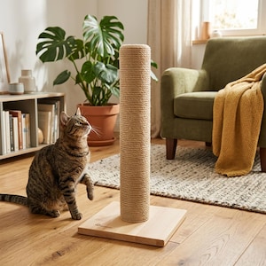 Klösträd i massivt bokträ för katt, klösträd i naturligt juterep, moderna kattmöbler