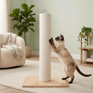 May include: A tall, cylindrical cat scratching post with a cream-coloured, tightly wound rope texture, mounted on a square, light-toned wooden base. A Siamese cat with dark brown points on its face, ears, and tail is standing on its hind legs.