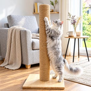Puede incluir: Un rascador para gatos cilíndrico y alto que presenta una cuerda de sisal de color marrón claro enrollada firmemente sobre una base cuadrada de madera clara. El poste se mantiene en posición vertical, ofreciendo una superficie texturizada.