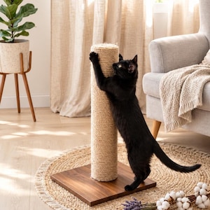 May include: A black cat stands on its hind legs, scratching a cylindrical post wrapped in light tan sisal rope. The post is attached to a square, dark brown wooden base. The cat has yellow eyes and is actively using its claws on the textured rope.