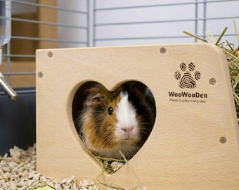 Heart-Shaped Wooden Small Pet House with Built-in Hay Manger | Guinea Pig Hideout
