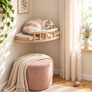 Puede incluir: Una estantería de esquina para gatos de madera clara con barandilla curva y cojín de tela beige, con un gato esponjoso durmiendo encima. Debajo de la estantería hay un puf redondo de color rosa suave cubierto con una manta beige.
