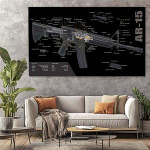 Może przedstawiać: Schemat AR-15 na czarnym tle. Schemat przedstawia wewnętrzne elementy karabinu z etykietami. Tekst "AR-15" jest szary po prawej stronie obrazu. Obraz jest wyświetlany nad sofą.