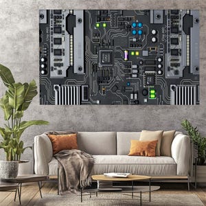 Op de afbeelding: Een grote, rechthoekige canvas print met een gedetailleerde illustratie van een computerprintplaat. Het ontwerp is overwegend zwart en grijs, met accenten van groen, blauw en paars. De print bevat de tekst "Chip A02" en "CPU".