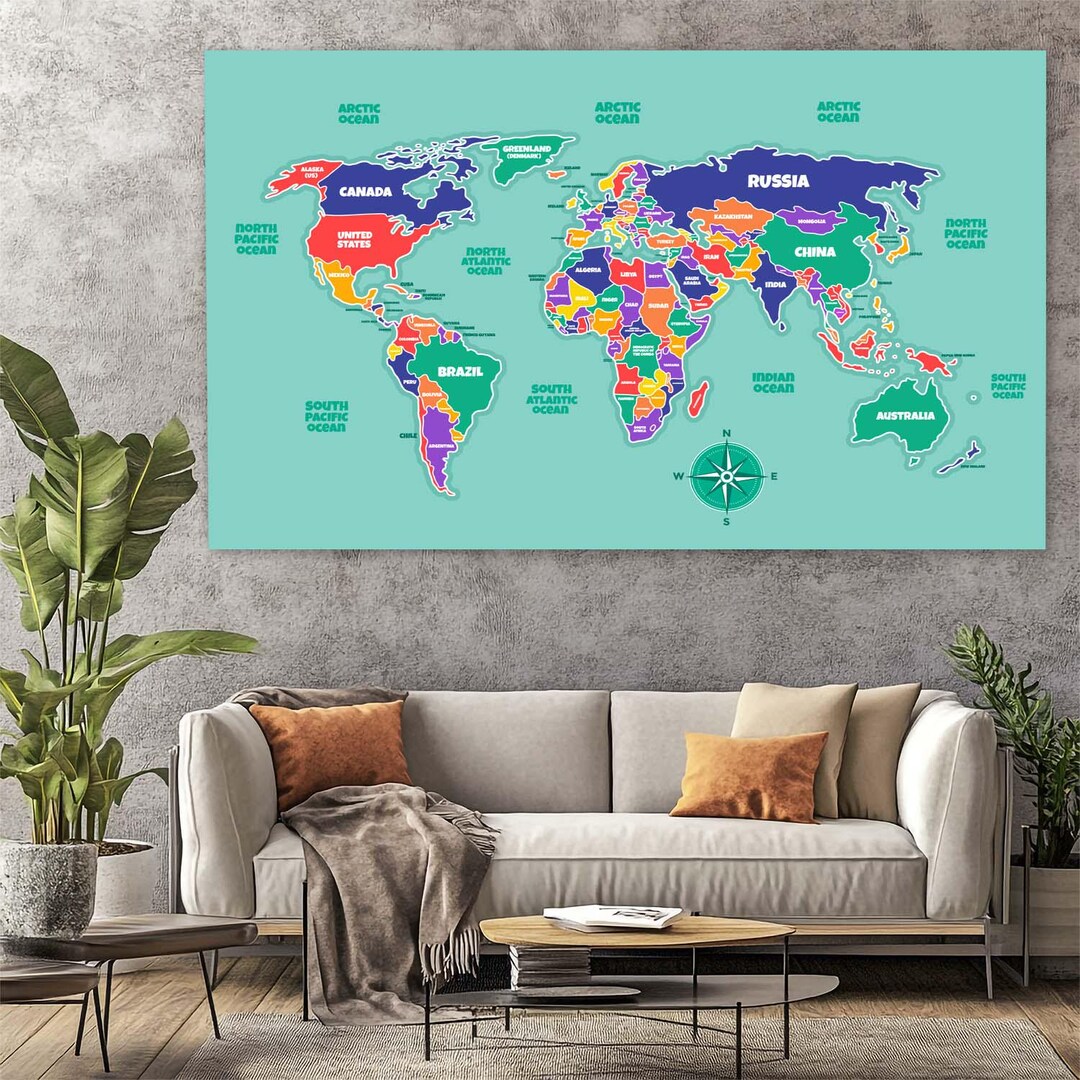 World Map Canvas, Geography Wall Art, Educational Decor - Etsy