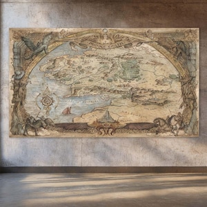 May include: A rectangular wall art print featuring a detailed map of Middle-earth with beige parchment-style background. The map includes intricate illustrations of creatures, riders, and a central eye motif, with the text Middle-earth at the top.