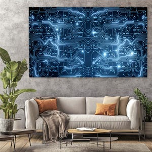 May include: A large rectangular canvas print featuring a detailed, glowing blue circuit board design against a dark background. The artwork is displayed above a modern sofa with orange and beige cushions. The overall theme is technology and modern art.
