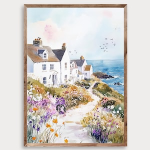 Cornwall Cottage Watercolour Print, Cornish Coast Wildflower Wall Art, English Seaside Cottage Decor