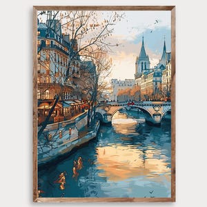 パリ・セーヌ川の水彩画プリント、フランス旅行ポスター、川の壁掛けアート