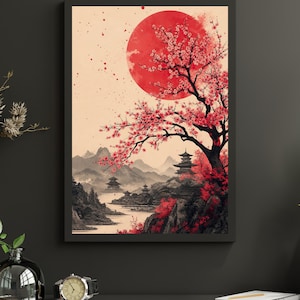 Japanese Red Sun Print: Cherry Blossoms and Mountain Landscape
