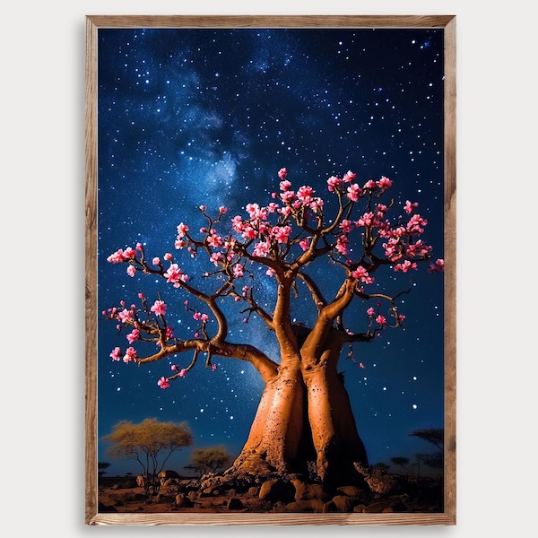 Impressão em aquarela de um baobá africano, arte de parede com paisagem de noite estrelada.