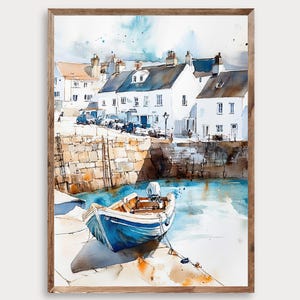 Cornwall Harbour Watercolor Painting, England Coastal Poster, Seaside Wall Art Print