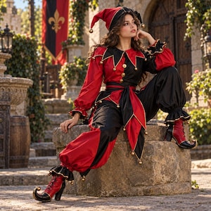 May include: A jester costume featuring a red and black color-blocked long-sleeve top with a pointed collar, matching loose-fitting trousers, a pointed hat with bells, and red and black lace-up boots with curled toes and small gold bells.