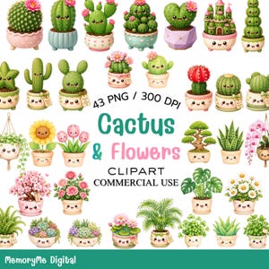 Kaktus och blommor Clipart PNG, söt växtbundle, kawaii suckulent clipart, akvarellväxter, blommor PNG