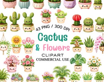 Cactus And Flowers Clipart PNG, Cute Plant Bundle, Kawaii Succulent Clipart, Watercolor Plants, Floral PNG
